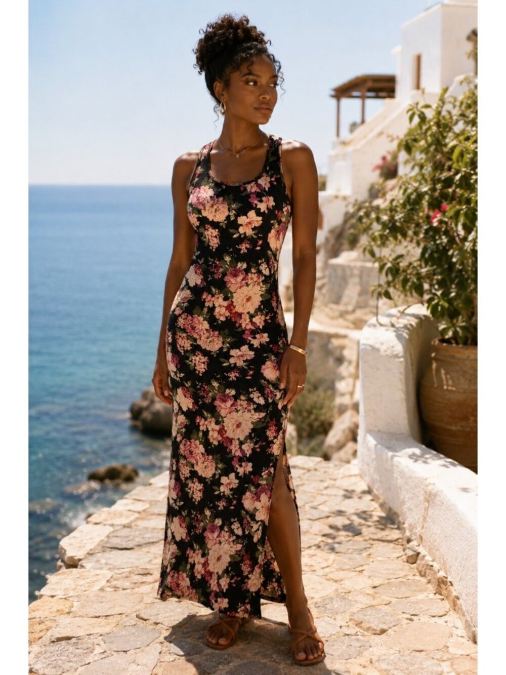 Love J Floral Maxi Dress Medium Black Pink Rose Print Racerback Bodycon Cottagec